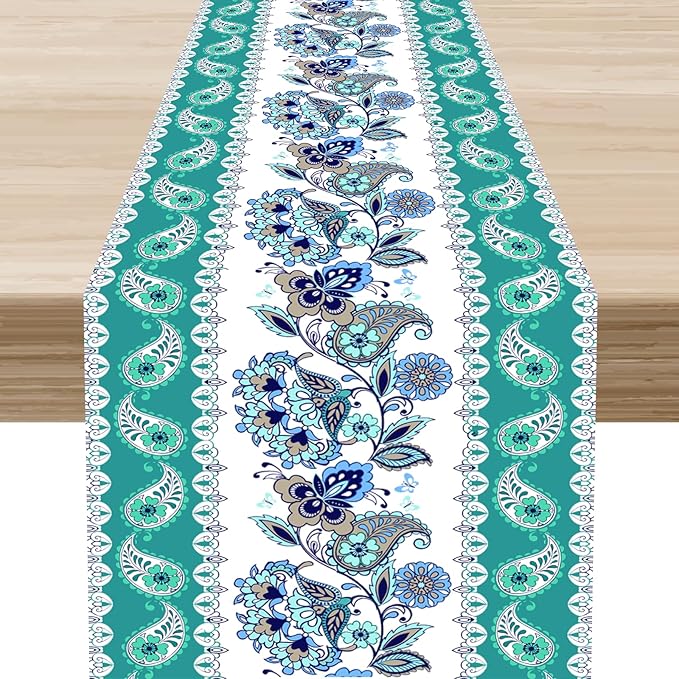 Paisley Table Runner, Rustic Blue Green Bohemian Damask Exotic Flower Cafe Table Center Decor for Home Kitchen Dining Patio Holiday Party Indoor Outdoor Table Decorations 13x108 inch