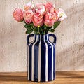 Ceramic Blue and White Checkered Stripes Vase with Handles, Modern Bohemian Floral Navy Blue Vases for Centerpieces, Cottage Core Home Decor, Flower Vases for Bouquet Mantle Bedroom Bookshelf 9.1 in