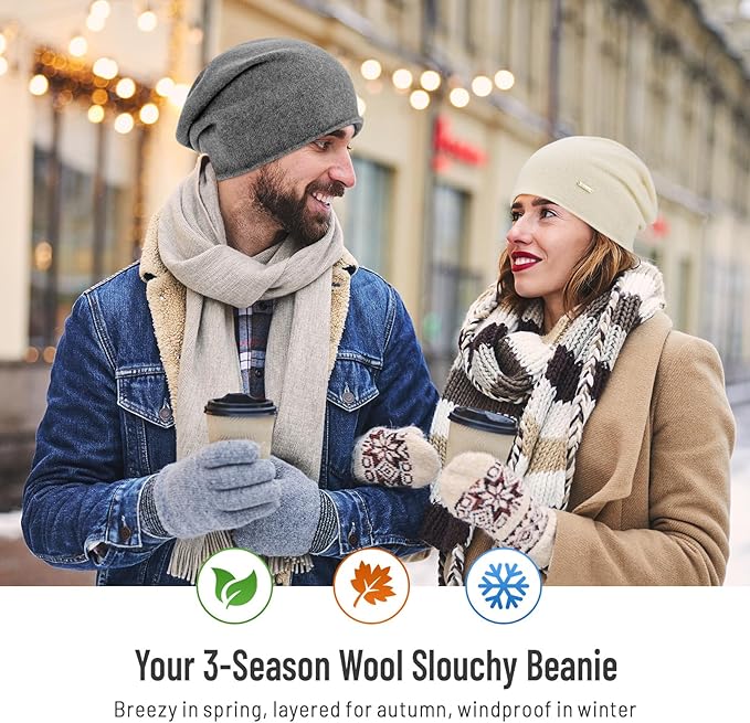 100% Wool Slouchy Beanie, Warm Beanie Hats for Women Breathable Knitting Skull Beanies Cap for Spring Fall Winter