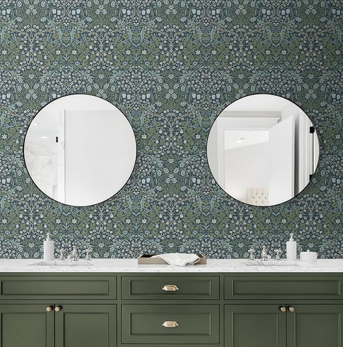 NextWall Seabrook Designs Victorian Garden Floral Vintage Prepasted Wallpaper (Prussian Blue & Moss Green)