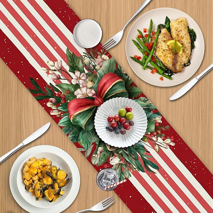 Christmas Table Runner– Elegant Merry Christmas Design with Golden Bell, Greenery & Red Bow, Festive Holiday Table Decoration for Dining Table, Kitchen & Home Décor