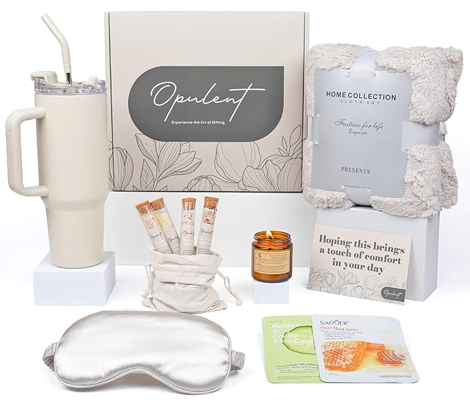 Luxury Self Care Gifts for Women, Get Well Soon Gift Basket, Care Package for Women with Cozy Blanket, 40oz Tumbler, Candle, Bath Salts, Spa Gift Box and Birthday Hug in a Box for Her, Sea Salt
