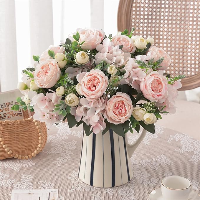 4 Bunches Artificial Flowers Pink Peonies for Decoration Silk Flowers Fake Roses Arrangements Plastic Table Centerpiece Faux Flores for Home Vase Living Room Decor