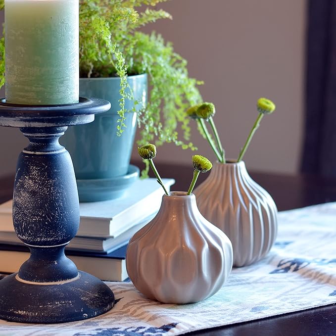 2 Piece Iconic Scandi Vase Set, Neutral Beige, Geometric, Stoneware, 4.25 Inches, Bud Flower Opening, Gourd Shape, Single Stem Vessel