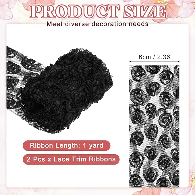 uxcell 2PCS Lace Trim Ribbon, 2.36 inch - 1 Yard 3D Rose Floral Embroidery Ribbons Edge Trimming for Sewing, Wedding Dress, DIY Crafts, Decoration Accessories, Black