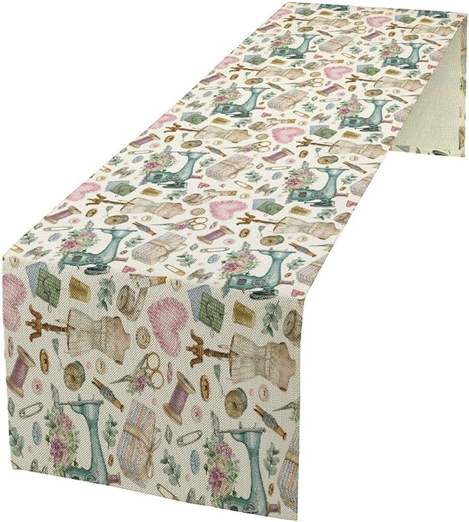 Sewing Theme Table Runner,Vintage Sewing Machine Tool Watercolor Pattern Print Tablecloth Burlap for Hotel Indoors Outdoor Dining Room Kitchen Home Decor,W13X L60 in