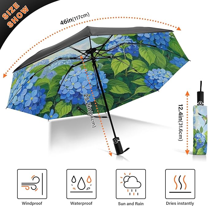 Automatic Folding Umbrella Windproof Strong, UV Protection Compact Floral Hydrangea Hummingbird Sun Rain Sun Rain Travel Umbrellas for Women Men
