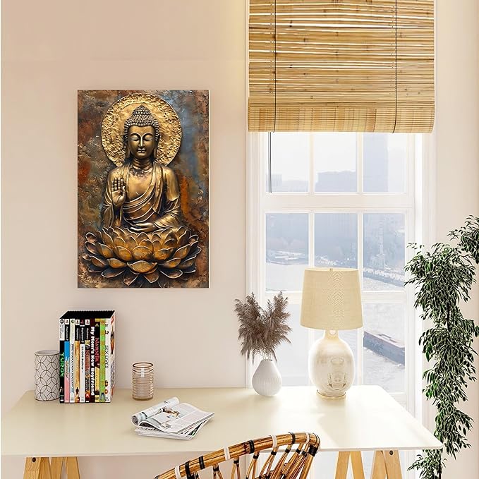 Buddha Wall Art Golden Buddha in Lotus Seat Serene spiritual statue radiant aura Meditation and mindfulness wall art suitable for sacred spaces 20x30in Frameless