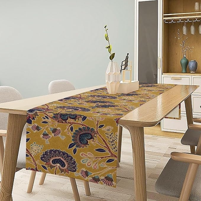 Boho Floral Table Runner, Mustard Yellow Paisley Floral Vintage Farmhouse Table Runner for Kitchen Dining Holiday Party Decor, 13x108 Inch
