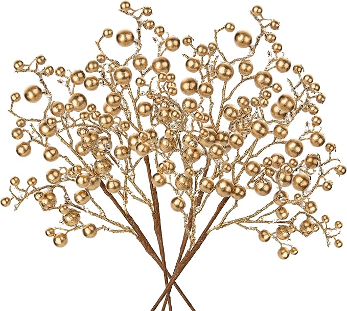 Hollyone 4 Pack Artificial Christmas Glitter Berries Stems, 19 Inch Fake Gold Holly Berry Picks with Ice Snow for Xmas Tree Wreath Floral Arrangements Holiday Home Vase DIY Crafts Decor