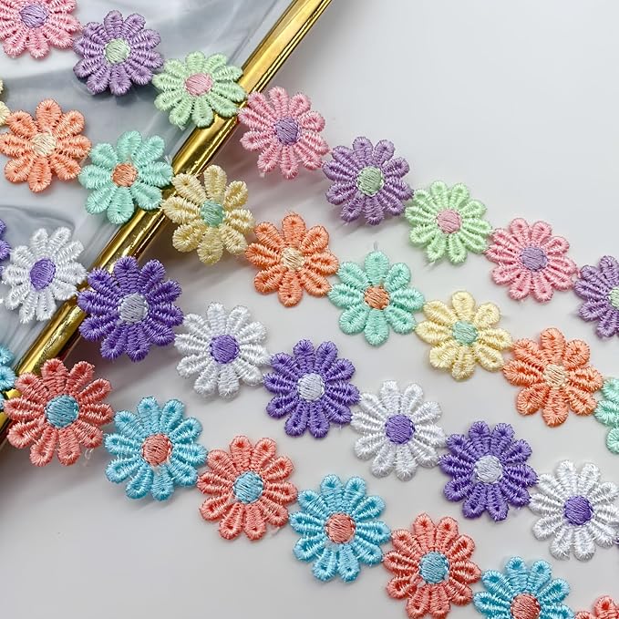 15 Yards Daisy Flower Lace Trim Embroidered Floral Lace Sewing Trim Ribbons for Embellishment Craft Dress Hair Accessories Decorations(Pink/Blue)