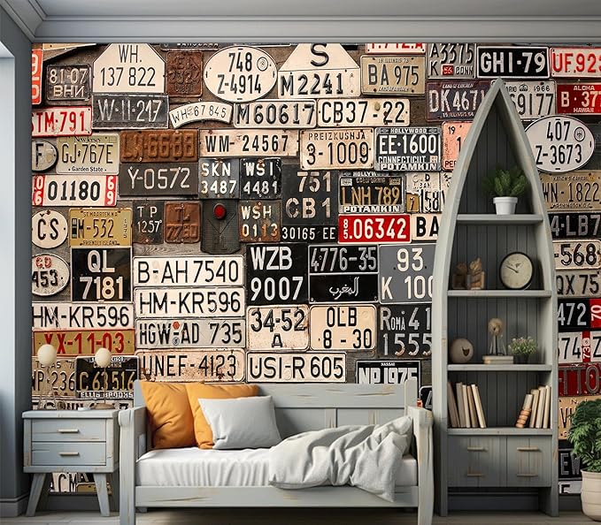 Eierme-Old License Plates from Around The World Mural Wallpaper Peel and Stick 137" x 102"