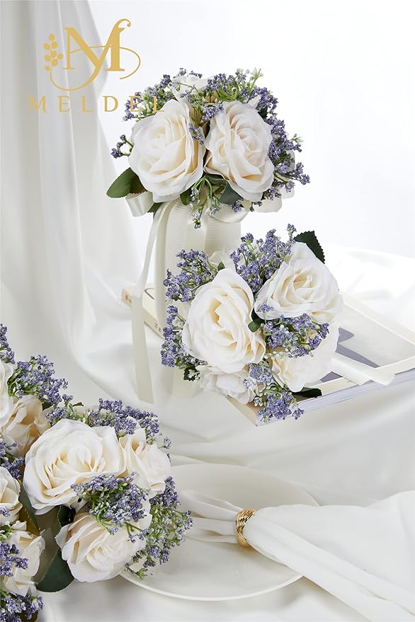 Meldel 6.5 Inch Ivory Bridesmaid Bouquet, Set of 6, Purple Wedding Bouquets for Bridesmaids, Small White Bridesmaids Bouquets
