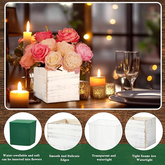 Dandat 18 Sets Wooden Cube Planter Boxes for Centerpiece 4 Inch Flower White Wood Rustic Square Vase with Removable Plastic Liner Floral Foam Block for Garden Wedding Christmas Home Arrangement Decor