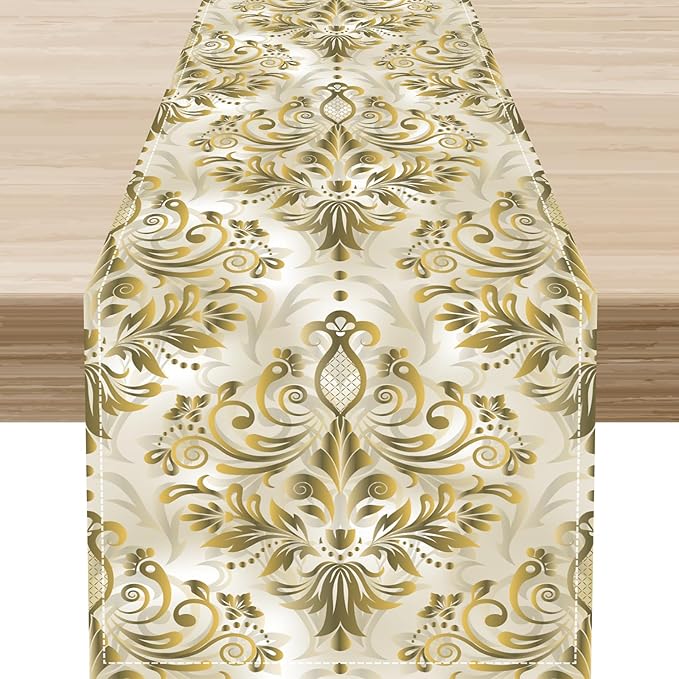 Damask Table Runner, Vintage Traditional Farmhouse Boho Floral Linen Coffee Table Center Decor for Family Kitchen Farmhouse Holiday Party Table Decorations Indoor Outdoor 13x90 inch