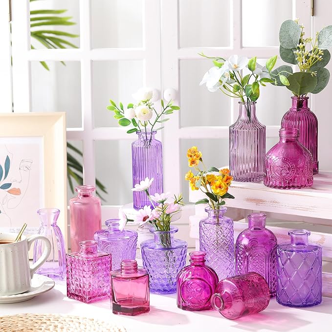 Yaomiao 30 Pcs Vases Bulk Colored Flower Glass Christmas Vases Bud Vintage Colored Glass Bottles Colorful Rustic Embossed for Home Wedding Table Decorations Gifts(Purple Series)