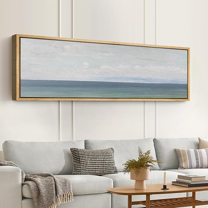SIGNFORD Large Framed Canvas Print Wall Art Peaceful Coastal Horizon Soft Seascape Illustrations Modern Art Relax/Calm Warm for Living Room, Bedroom, Office - 60"x20"