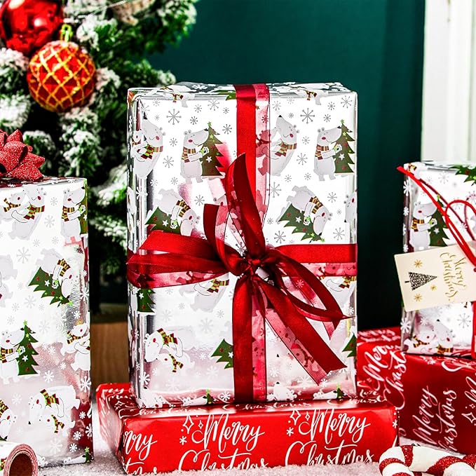 MAYPLUSS Christmas Wrapping Paper Roll - 17 Inch X 33 Feet - Silver Gift Wrapping Paper Christmas Tree Polar Bear Snowflake Reversible Red for Holiday Party New Year Kids