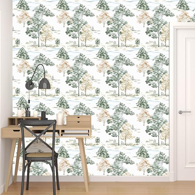 Trees Wallpaper Peel and Stick, White/Green/Yellow Forest Contact Paper, Modern Botanical Landscape Woodland Wall Paper Self Adhesive Waterproof Removable for Shelves Cabinet Drawer Table 17.5" x 118"