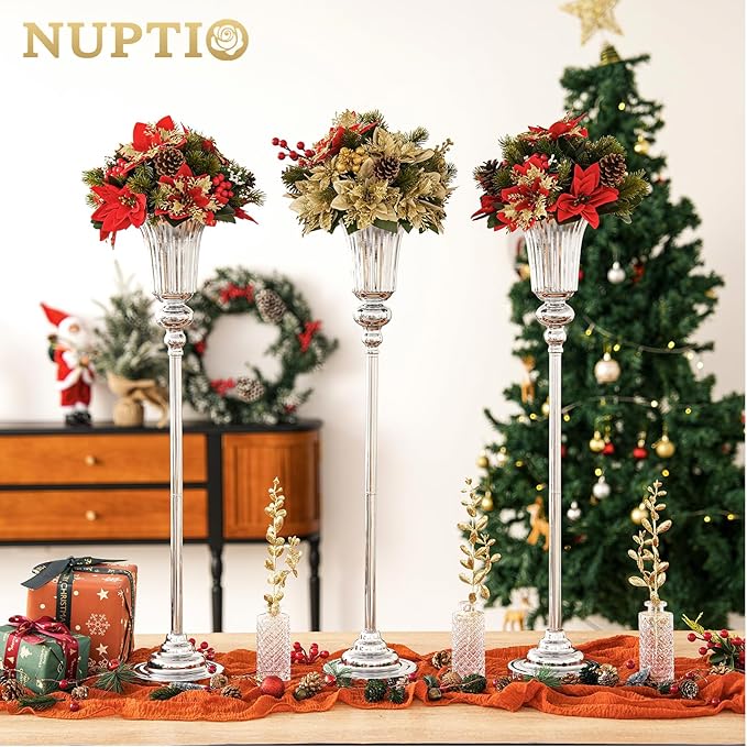 NUPTIO Centerpiece Vase Tall Wedding: 2 Pcs 30.5" Silver Flower Stand for Table Metal Trumpet Vase for Party Decorations