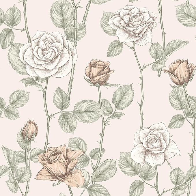 VaryStyle Vintage Beige Floral Wallpaper Elegant Rose Branches Flower Peel and Stick Wallpaper for Bedroom Bathroom 17.7"x118" Self Adhesive Waterproof Vinyl Beige Contact Paper for Cabinets Drawers