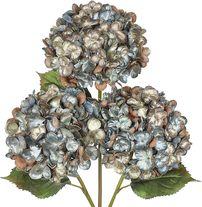 Hollyone 3Pcs Christmas Flowers Artificial Hydrangea Flowers with Stems 23inch Glitter Fake Hydrangea Flower Blue Floral Arrangements Bouquets Xmas Faux Hydrangea Wedding Party Christmas Home Decor