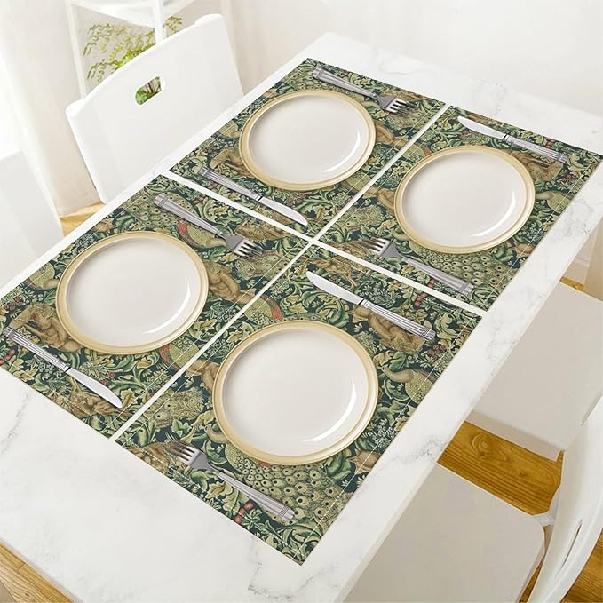 William Morris Floral Animal Placemats Set of 4, Vintage Botanical Plant Birds Rabbit Place Mats, Heat Resistant Non Slip Cotton Linen Dining Table Mats for Home Kitchen Party 18x12 Inch