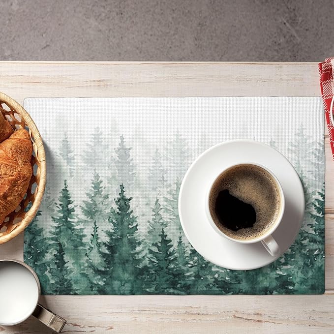 Forest Placemats, Vintage Rustic Watercolour Natural Green Misty Valley Forest Print Washable Fabric Placemats Table Kitchen Dining Party 12x18 Inch Set of 6