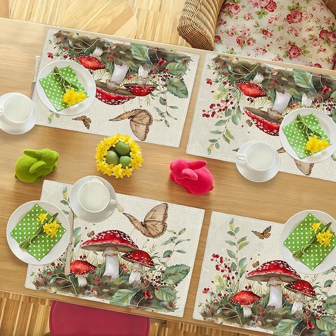 Mushroom Botanical Placemats Set of 4 Mushroom Plants Leaves Butterfly Place Mats Botanic Waterproof Washable Table Mats Kitchen Dining Decoration 4 PCS