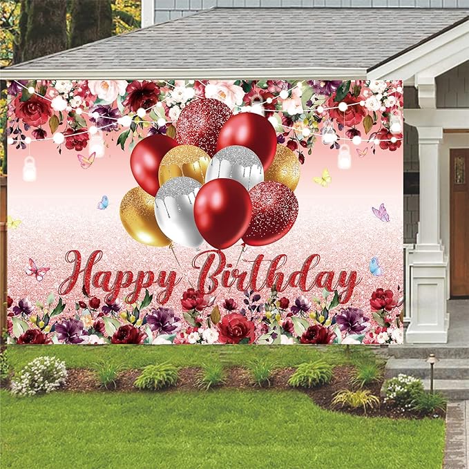 YinQin 180x120 cm Red Golden Flower Happy Birthday Party Photo Backdrops Cloth 71x47 inch Bday Photography Backgrounds Glitter Flower Golden Happy Birthday Sign Banners Decorations for Women Girl