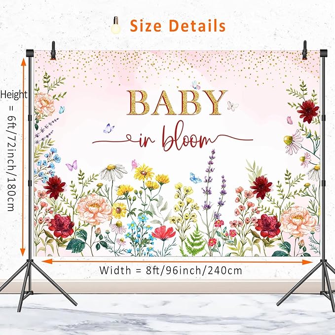Baby in Bloom Backdrop Wildflower Baby Shower Decorations for Girl,Pink Watercolor Floral Baby in Bloom Baby Shower Party Banner Wild Flower Theme Babyshower Background Photo Booth Props 8x6ft