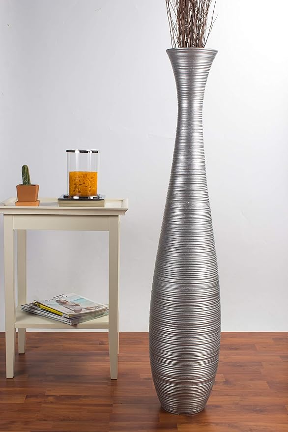 Leewadee Large Silver Home Decor Floor Vase - Wooden 41 inch Tall Farmhouse Decor Flower Holder for Fake Plant and Pampas Grass