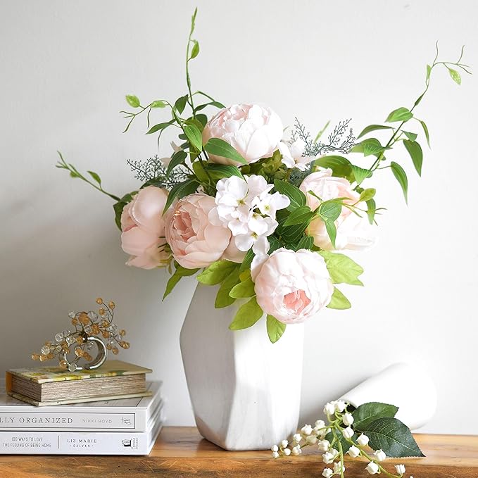 FiveSeasonStuff Soft Peach Pink Vintage Artificial Peonies Silk Flowers and Hydrangeas for Wedding Bridal Home Decor – Beautiful Floral Centerpiece Bouquet (Tender Petal)
