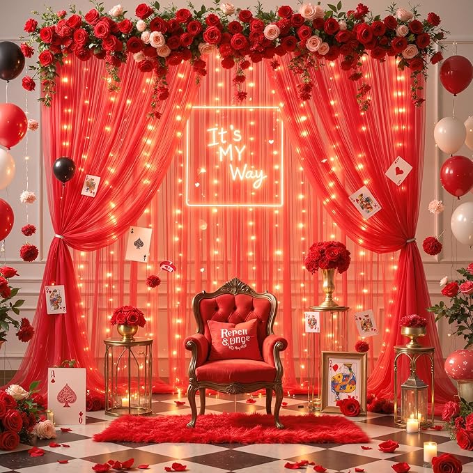 10ft x 8ft Red Tulle Photo Backdrop Curtain with Lights String for Christmas Party Red Sheer Curtain Backdrop Drapes for Birthday Party Wedding Holiday Photo Booth Background Home Room Decorations