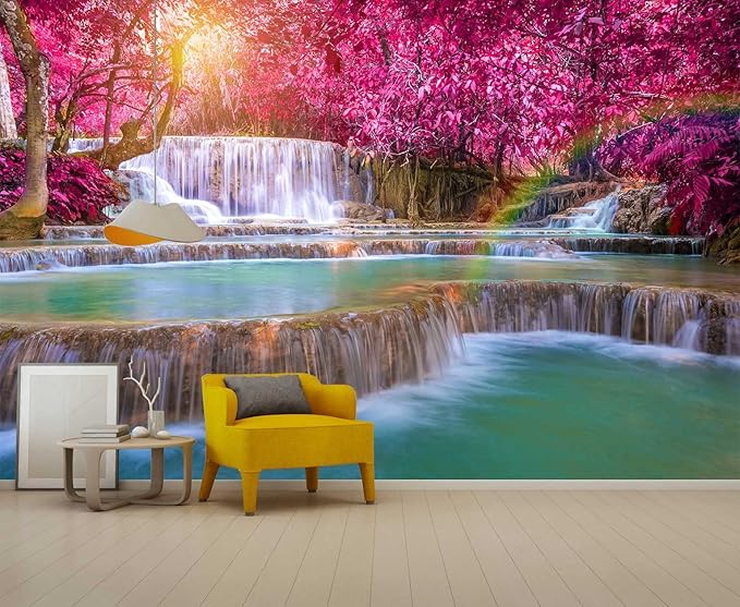 Forest Waterfall Wall Mural Wallpaper Large Nature Scenery Mural for Bedroom Living Room TV Background Sofa Wall（Not Peel and Stick）