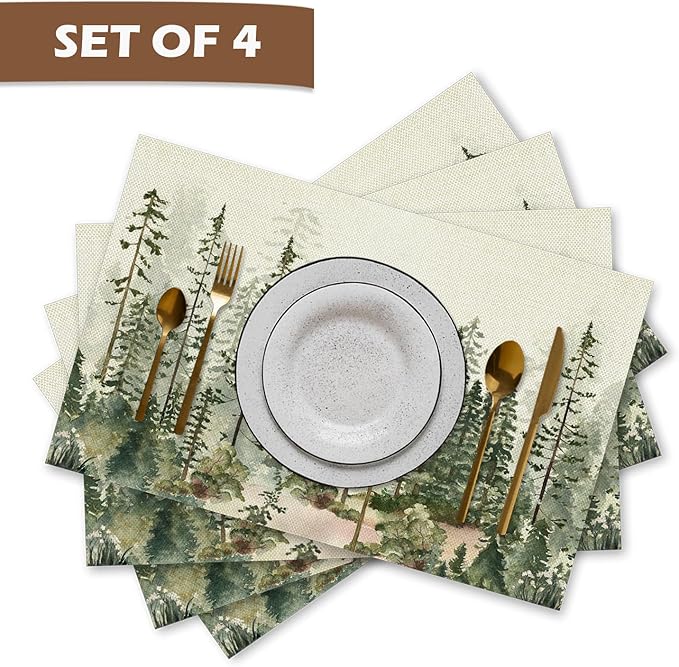 Rustic Forest Trees Placemats Set of 4, Misty Woodland Nature Table Mats Place Mats for for Kitchen Dining Table Decoration 16.9x11.4 Inch