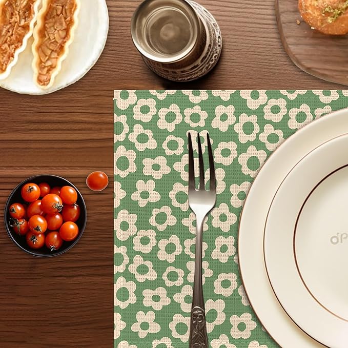 Groovy Green Flower Placemats Set of 6,Washable Heat Resistant 12×18 Inch Linen Table Mats Daisy Place Mats for Party Outdoor Dining Décor