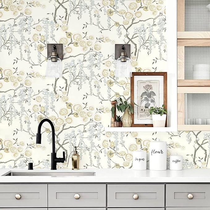 Orainege Peel and Stick Wallpaper Vintage Floral Contact Paper 17.7in ×393.7in Beige Floral Wallpaper Peel and Stick Removable Wall Paper for Bathroom Waterproof