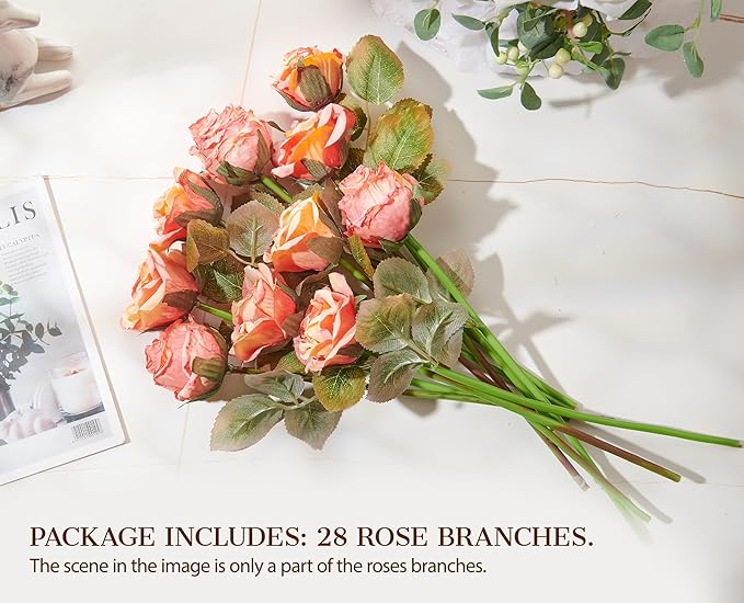 Rose Artificial Flower 28pcs Realistic Faux Silk Roses Fake Flowers Bouquets Arrangements Decor for Wedding Spring Mother's Day, Home Table Decorations, Orange Flower