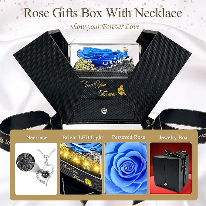 Preserved Real Rose-Eternal Flowers Rose Mothers Day for Mom Women Her Wife Girlfriend on Birthday Valentines with I Love You Necklace 100 Languages Romantic Gift (Light Blue)