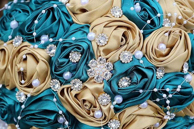 Bridal Wedding Bouquet Round Bling Brooch Bouquet Throw Toss Artificial Rose Flower Bunch for Bride Bridesmaid Wedding Quinceanera(Dark Green & Gold, 8.7")