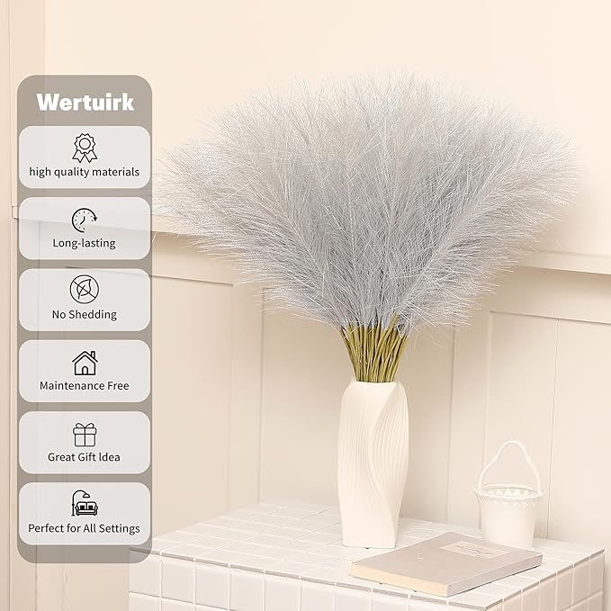 Faux Silver Pampas Grass - 30pcs 24 Inch Short Artificial Pampas Grass Decor, Fake Pompas Floral for Vase Filler, Wedding Flower Arrangement, Party and Home Decor (Silver, 30 Pieces)