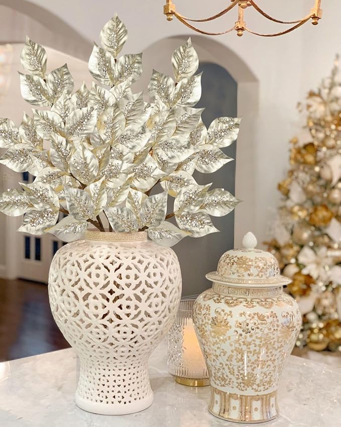 Christmas Tree Picks and Sprays 31.5" Champagne Atrificial Elm Leaves with Stems 3 Pcs Christmas Picks for Tree Champagne Vase Fillers for DIY Xmas Trees Wreath Centerpieces Wedding Bouquet Decor