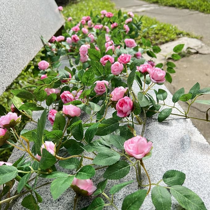 6FT Bendable Pink Rose Flower Garland, Artificial Silk Wild Roses Vine Leaves Hanging Flowers for Wall Fireplace Fence Trellis Wedding Baby Shower Room Home Spring Summer Decor(2PC)