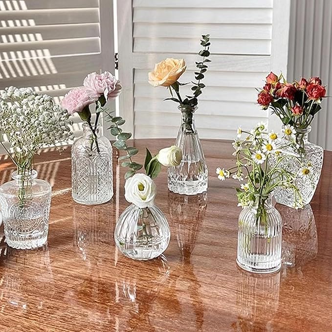 Sorandy 36 Glass Bud Vases, Transparent Multiple Shapes Vintage Embossed Flower Vase Set with Thick Sturdy Crystal Clear Glass for Wedding Home Decor Table Setting