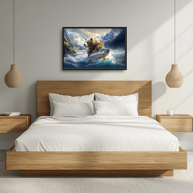 Bear Fish Large Decor Framed Wall Art Mountain Pictures for Living Room, Oversized Canvas Print Painting Modern Extra Large Framed Artwork for Bedroom Office Home Decor 36"x24"