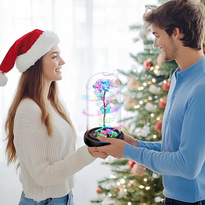 Childom Christmas Rose Gifts for Women,Birthday Gifts for Women Mom Christmas,Flowers for Delivery Prime,Rotating Colorful Light Up Rose in A Glass Dome,Anniversary Rose Gift for Her Valentines Day