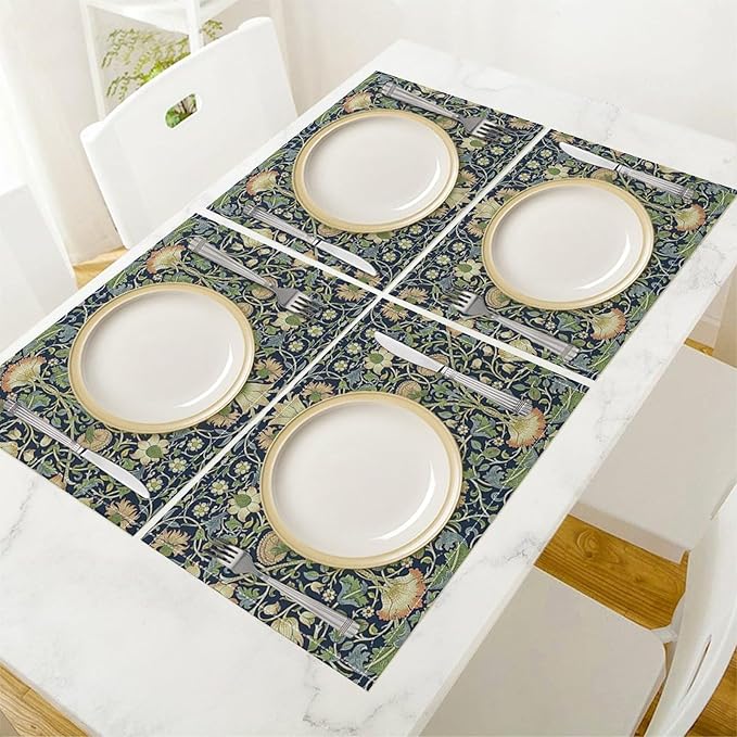 William Morris Flower Placemats Set of 4, Vintage Botanical Plant Place Mats, Heat Resistant Non Slip Cotton Linen Dining Table Mats for Home Kitchen Party 18x12 Inch