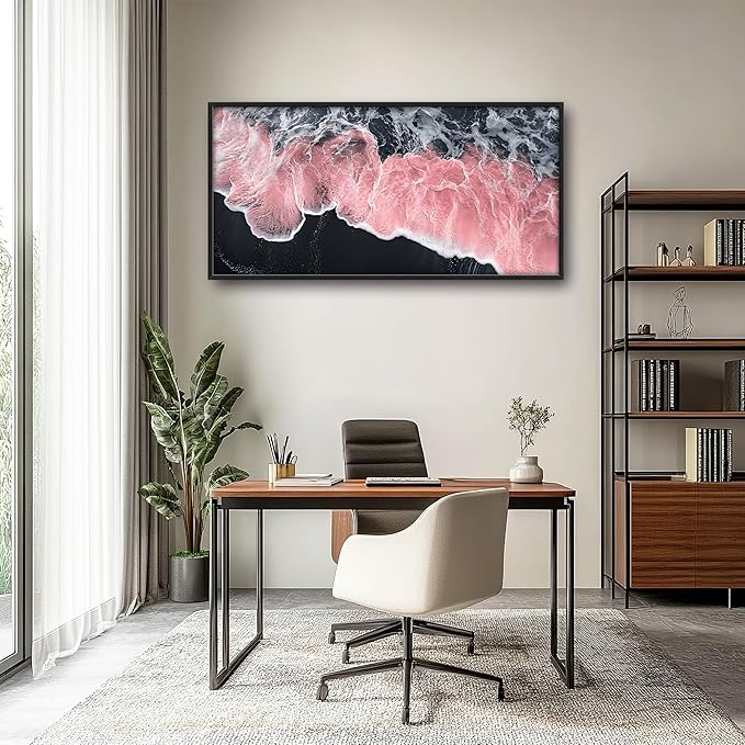 Pink Beach Large Wall Art Framed Black and White Wall Decor for Living Room, Beach Pictures Oversized Canvas Print Painting Modern Extra Large Framed Artwork for Bedroom Office Home Decor 60"x30"