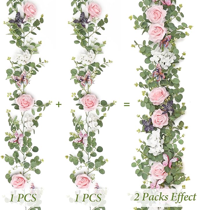 4PCS 5.9Ft Artificial Flower Garland Fake Rose Hydrangea Vines with Butterflies Hanging Floral Flowers Greenery Eucalyptus Garland for Wedding Home Party Room Table Backdrop Decor (Pink, 4PCS)